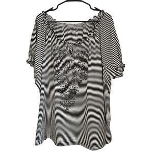 Faded Glory Womens Top 3XL (22W-24W) Black & White Embroidery Ruffle Feminine